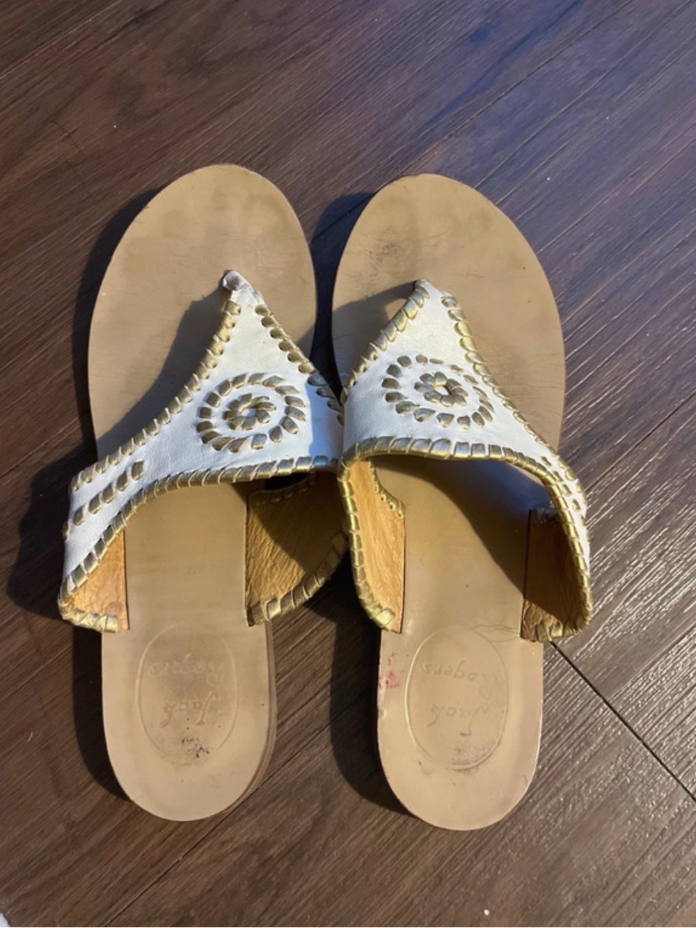 Jack Rogers White and Tan Leather Thong Sandals